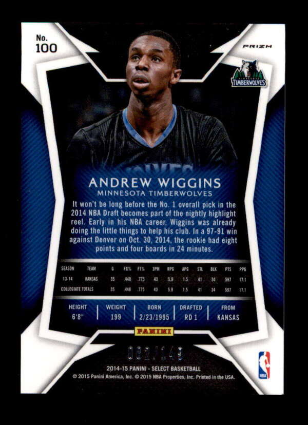 ANDREW WIGGINS 2014/15 PANINI SELECT #100 ROOKIE RED PRIZM #082/149 S9587
